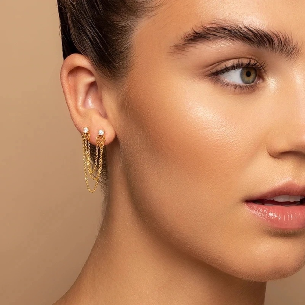 ◾️18k Gold Plated and 925 Sterling Silver Zirconia Three Layer Tassel Earrings